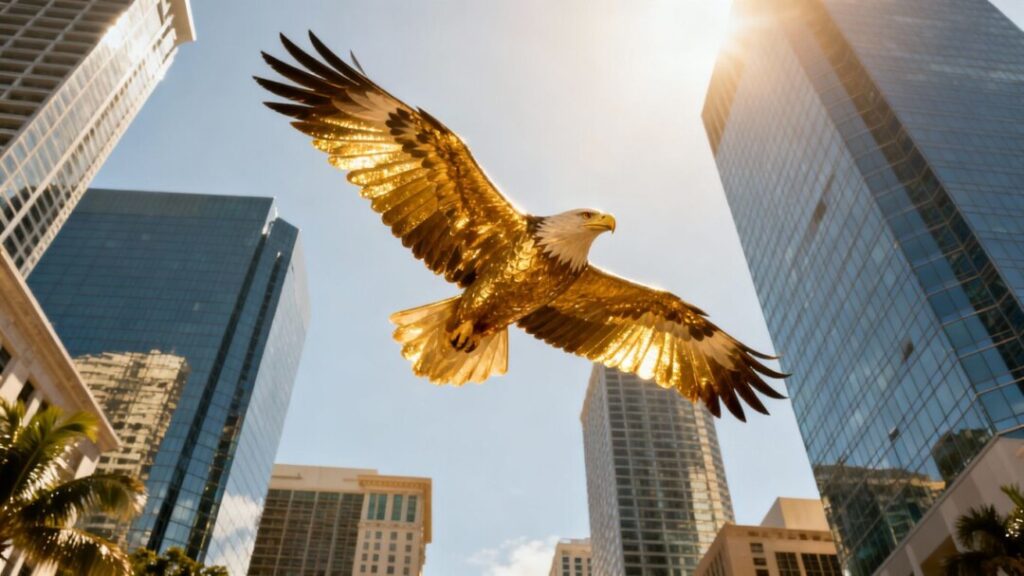 Florida cityscape with soaring eagle, symbolizing investment.