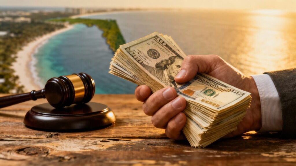Investor's hand with money, Florida coast, and gavel.