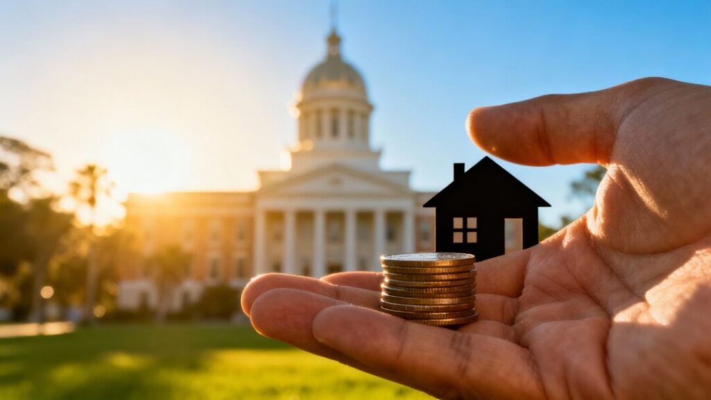 Florida capitol building with coins and house silhouette.