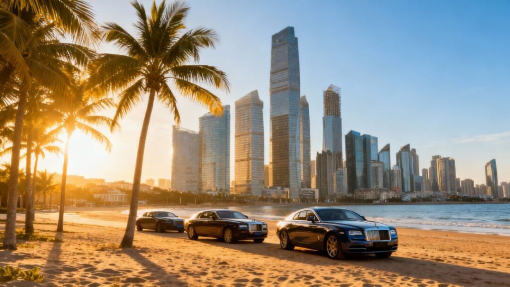 Palm trees and beach with city skyline in background.