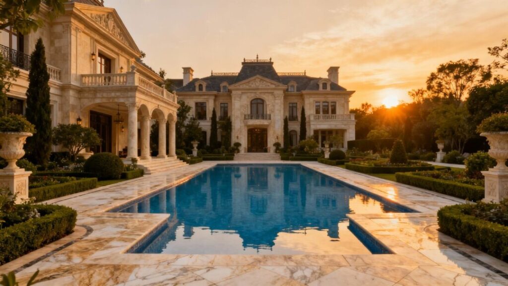 Ultra-luxury Palm Beach mansion with pool at sunset.