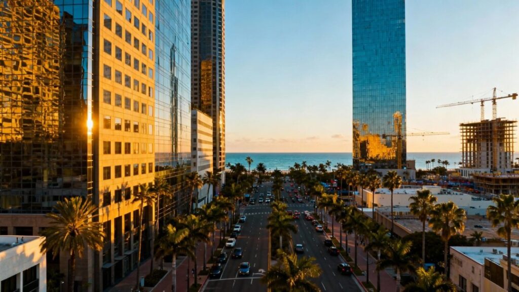 South Florida skyline with skyscrapers and palm trees.