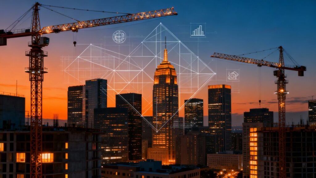 Cityscape with skyscrapers and construction cranes at dusk.
