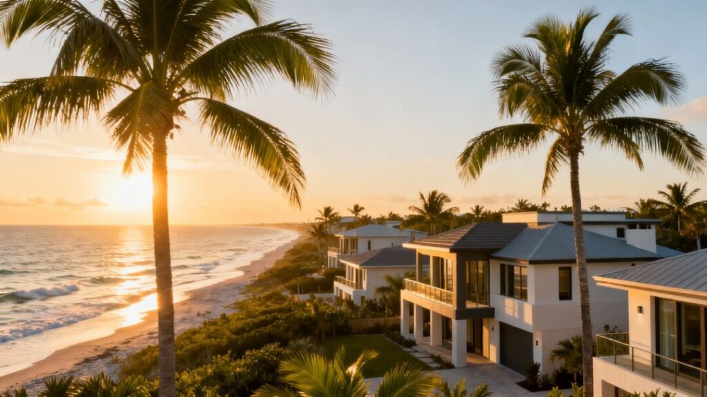 Florida homes with rising sun and palm trees.