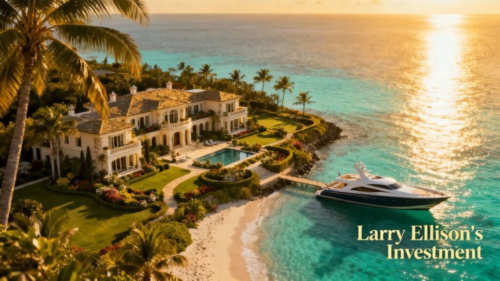 Luxury mansion and yacht on a sunny Florida coast.