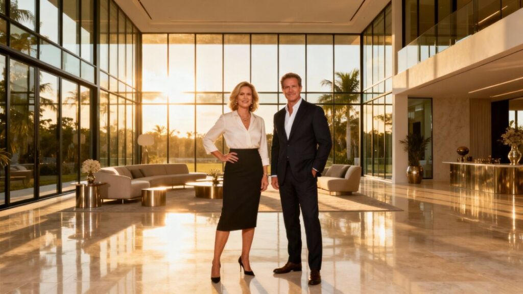 [Leah Sajovits] and [Alex Sajovits] in luxury Boca Raton glass house.
