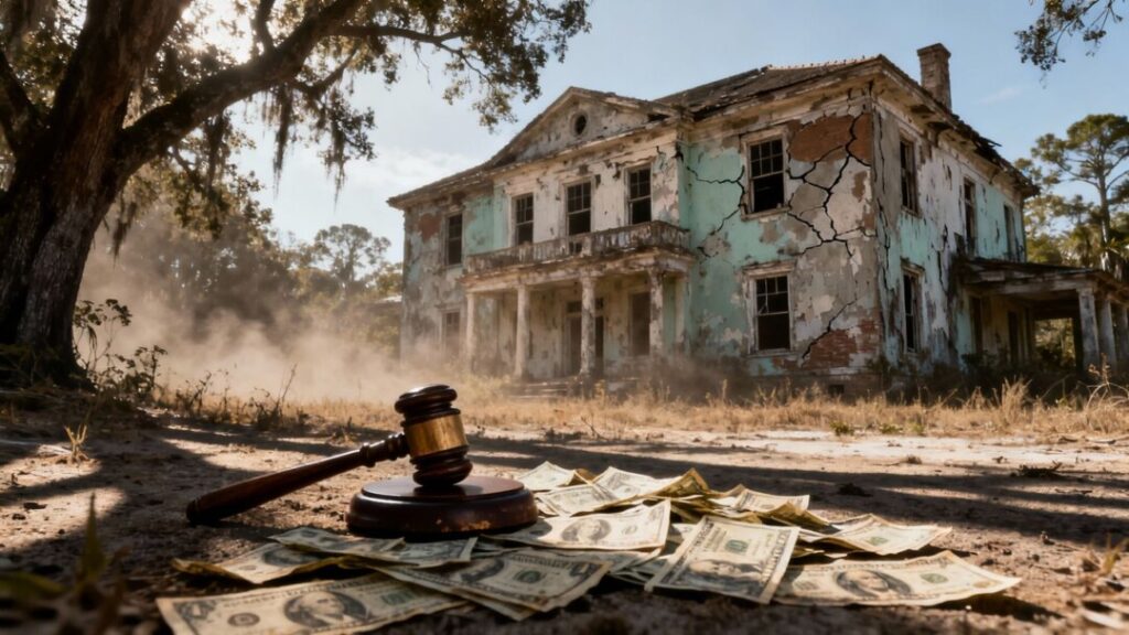 Florida mansion crumbling, money scattered, legal gavel nearby.