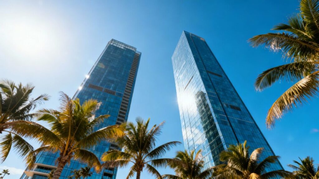 New office towers in Palm Beach County with palm trees.