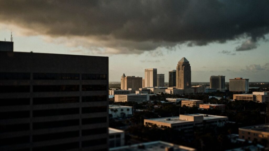 Tampa cityscape with a shadowy office building under dark clouds.
