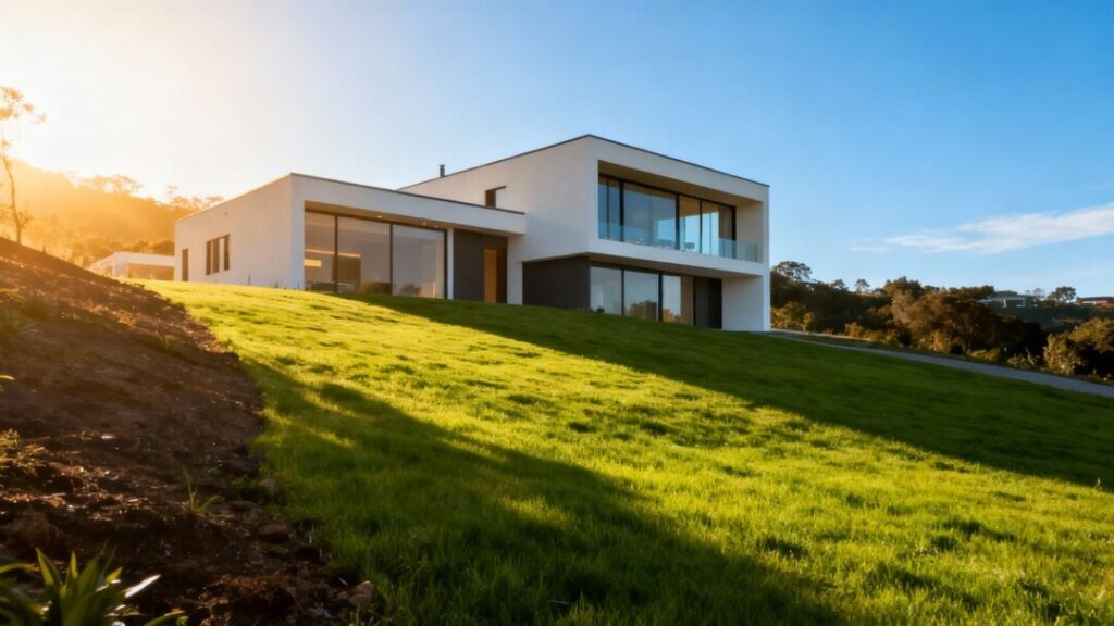 Modern house with green lawn under a clear sky.