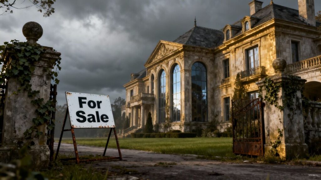 Luxury mansion with a distant 'For Sale' sign.