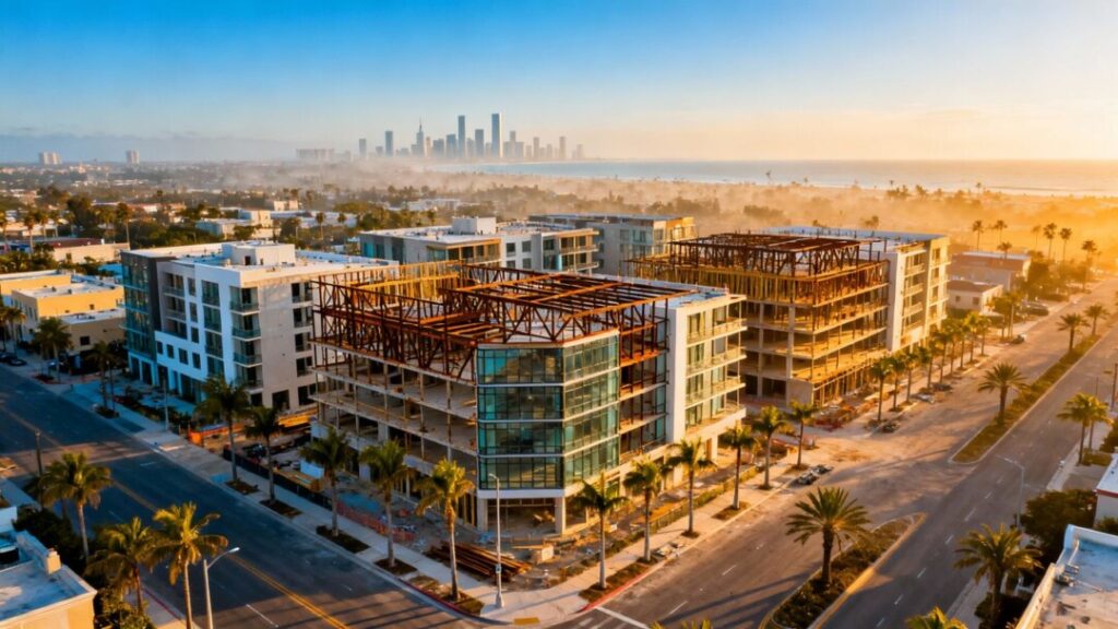 Florida cityscape with new housing development and palm trees