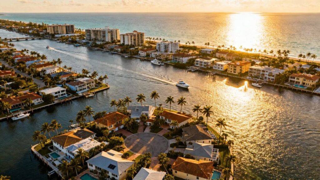 South Florida homes near the ocean under a sunny sky.