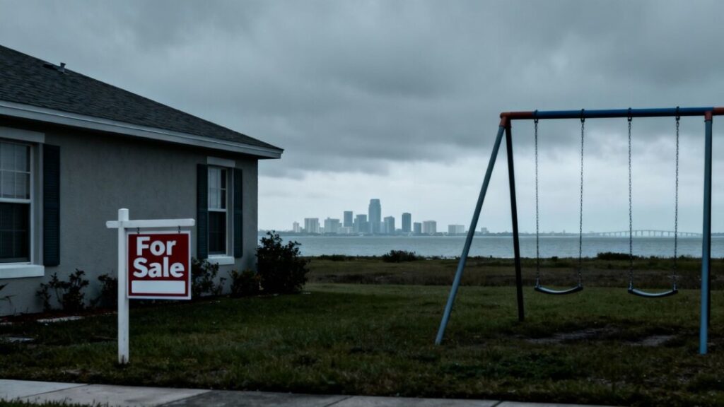 Tampa Bay house foreclosure with overcast sky.