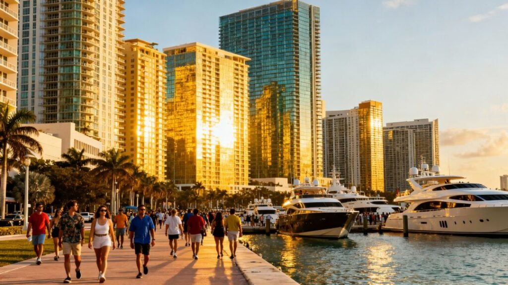 Miami skyline with skyscrapers, waterfront, and people.