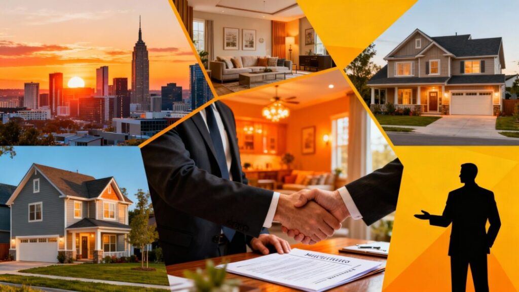 Real estate insights collage with cityscape, home, handshake, and coach.