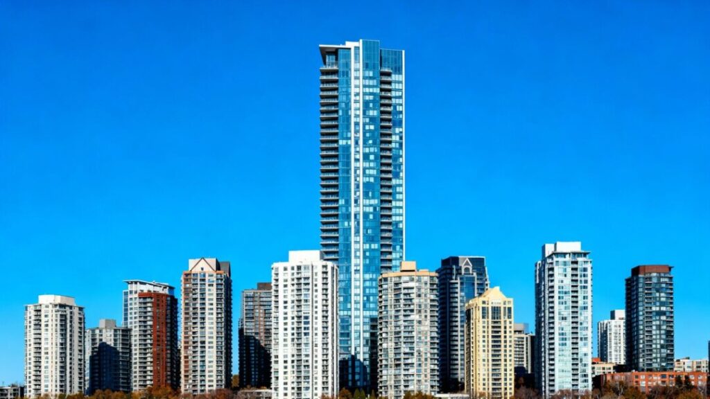 Broward County condo buildings against a blue sky.
