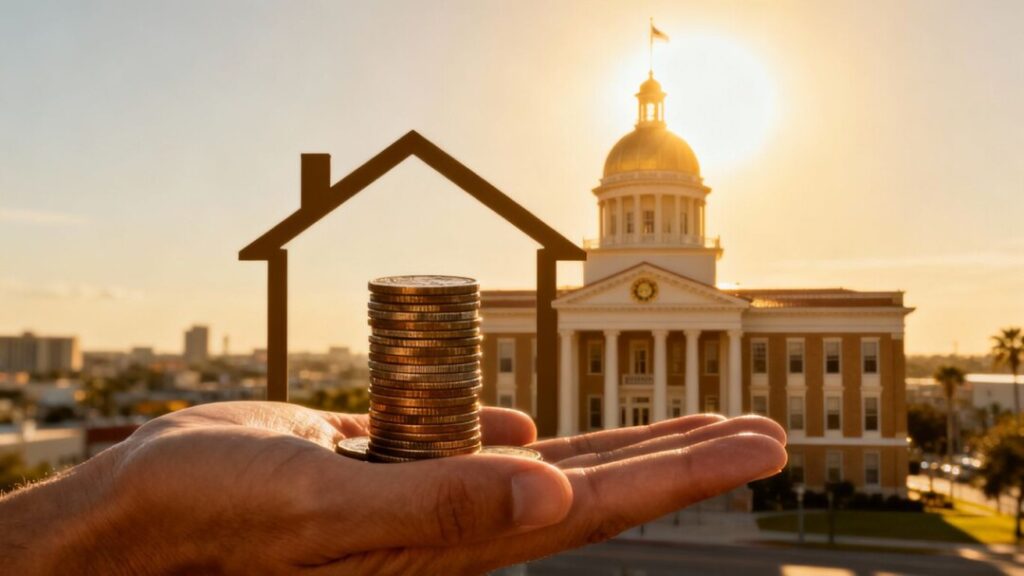 Florida capitol building with coins and house silhouette.