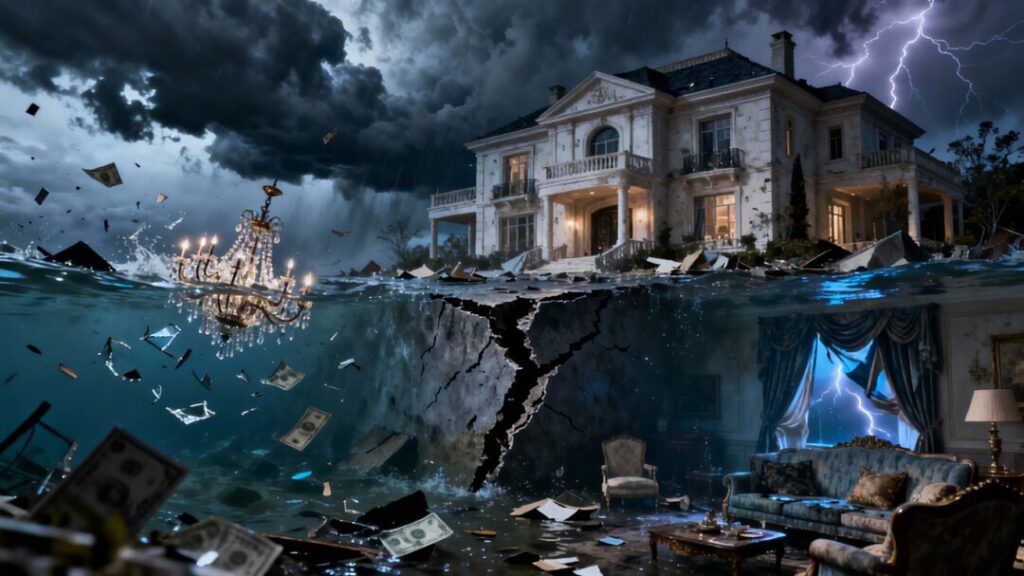 Sinking mansion in stormy waters, symbolizing financial loss.