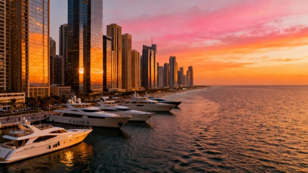 Miami skyline with luxury yachts and ocean.