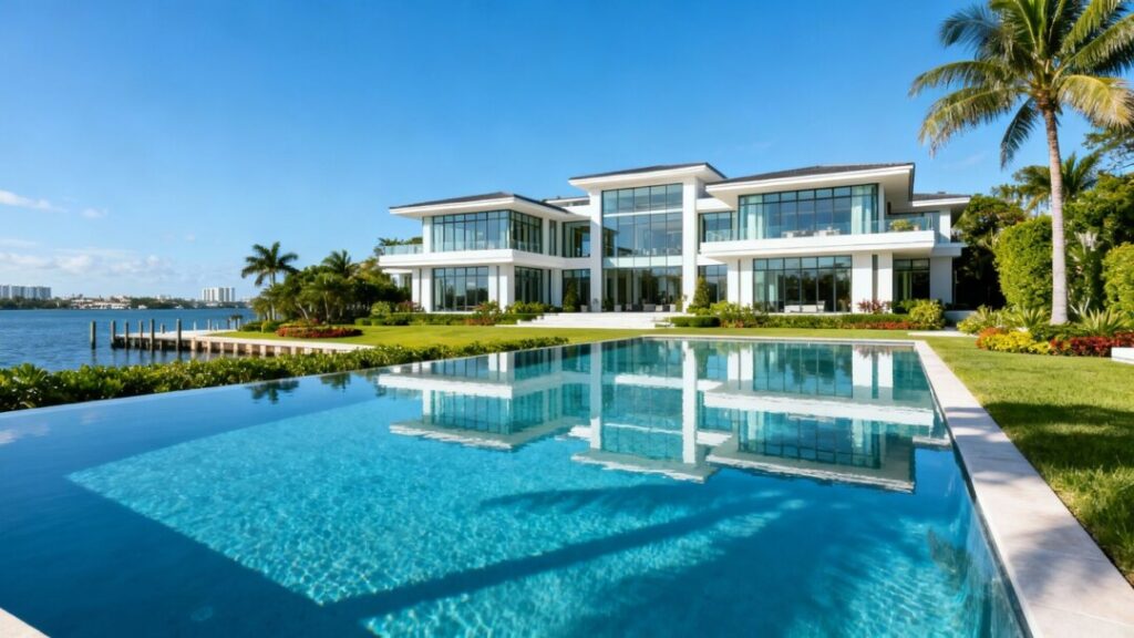 Luxury Miami estate with pool and waterfront view.