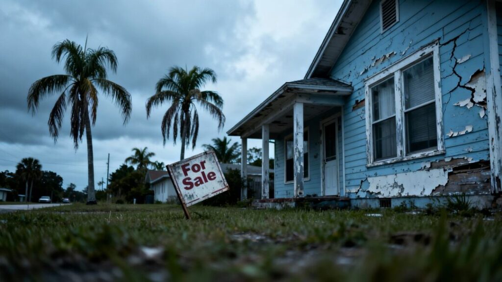 Florida house with declining value, palm trees, cloudy sky.