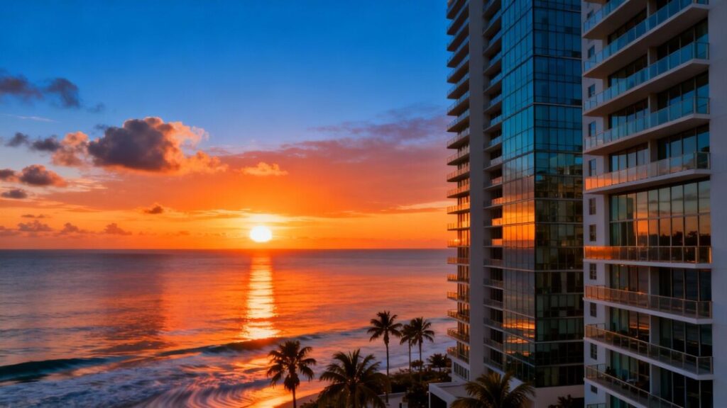 South Florida skyline with ocean and palm trees.