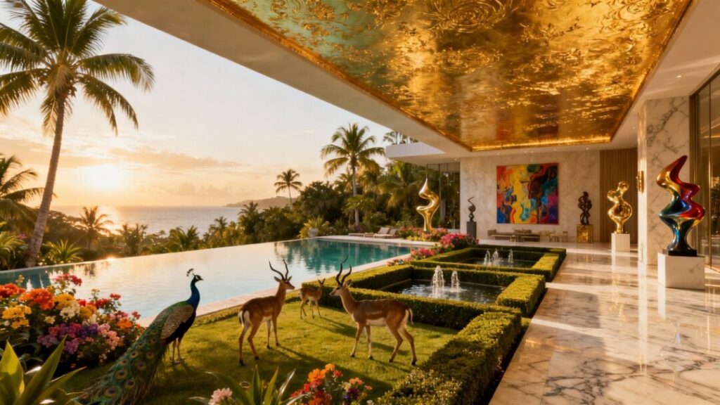 Extravagant celebrity mansion with pool and exotic animals.