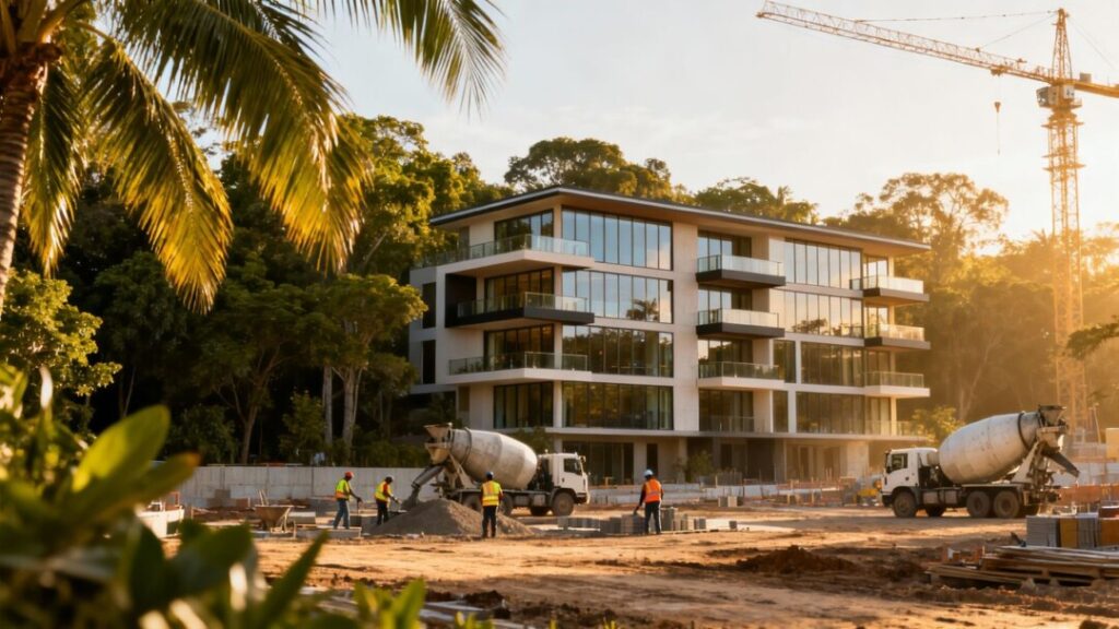 New wellness-focused building construction in a tropical setting.