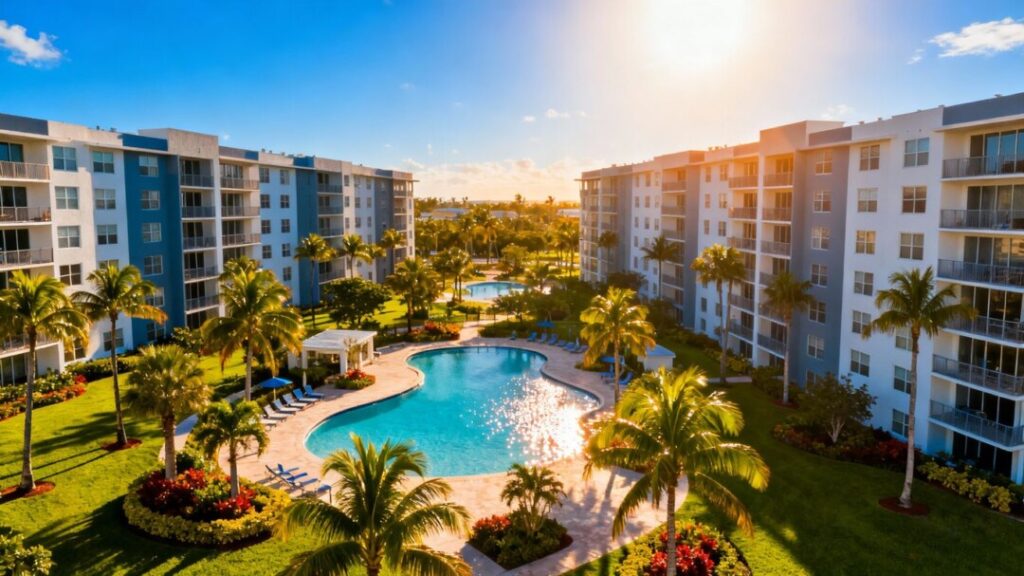 South Florida apartment buildings with palm trees and pools.