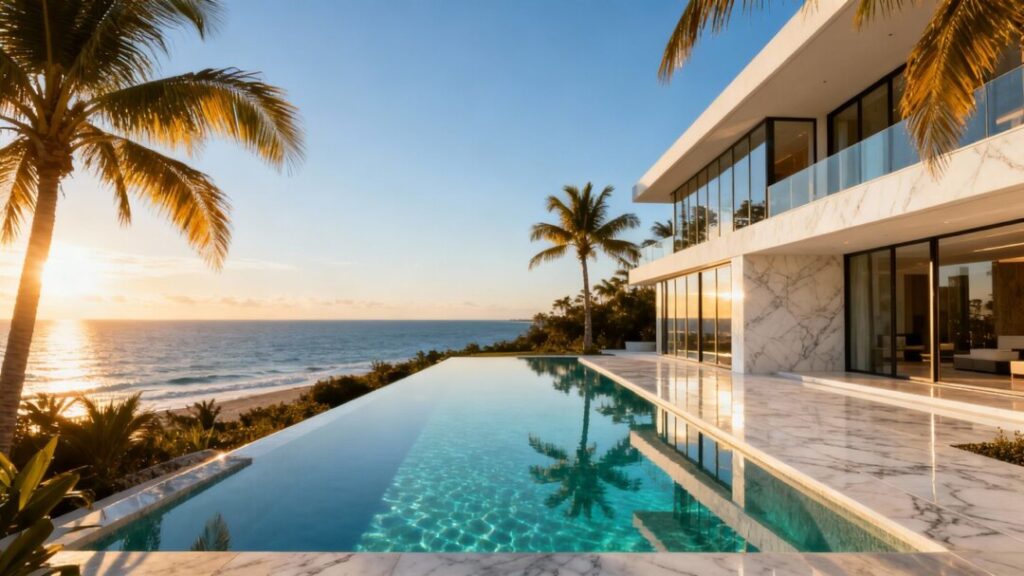 Luxury mansion with pool overlooking South Florida coast.