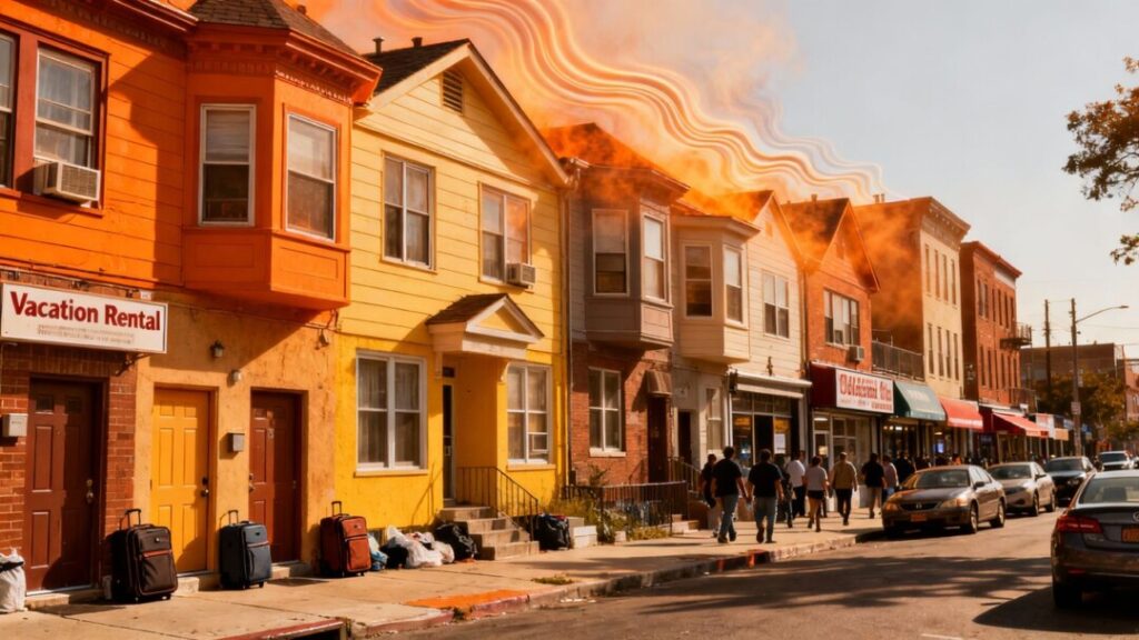 City street with vacation rentals and heatwave effect.