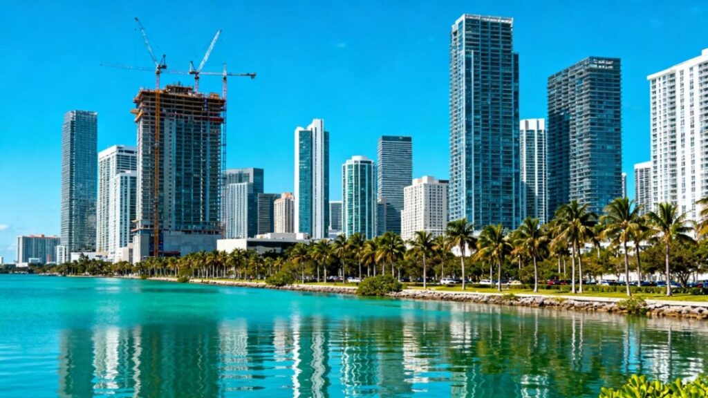 Miami skyline with skyscrapers, cranes, and waterfront.