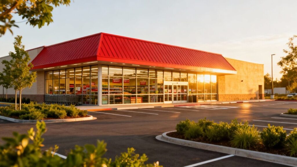 Supermarket building exterior with red roof and parking lot.