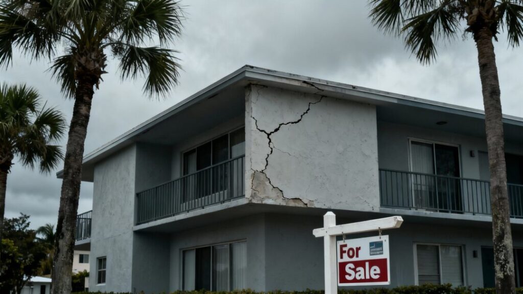 Florida condo building with sale sign and overcast sky.