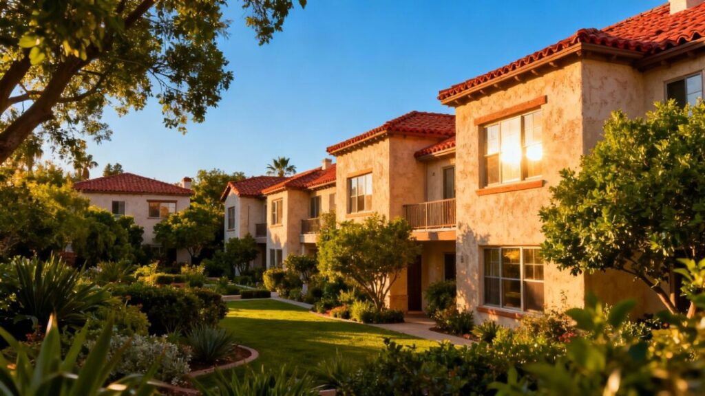 Miami garden-style apartment community with red roofs and green landscaping.