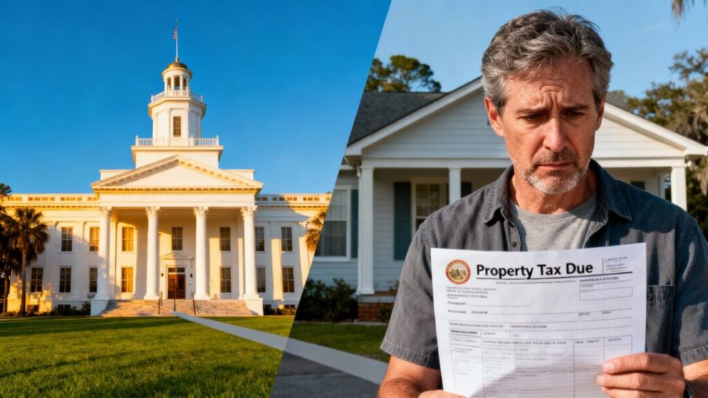 Florida capitol building and homeowner with tax bill.