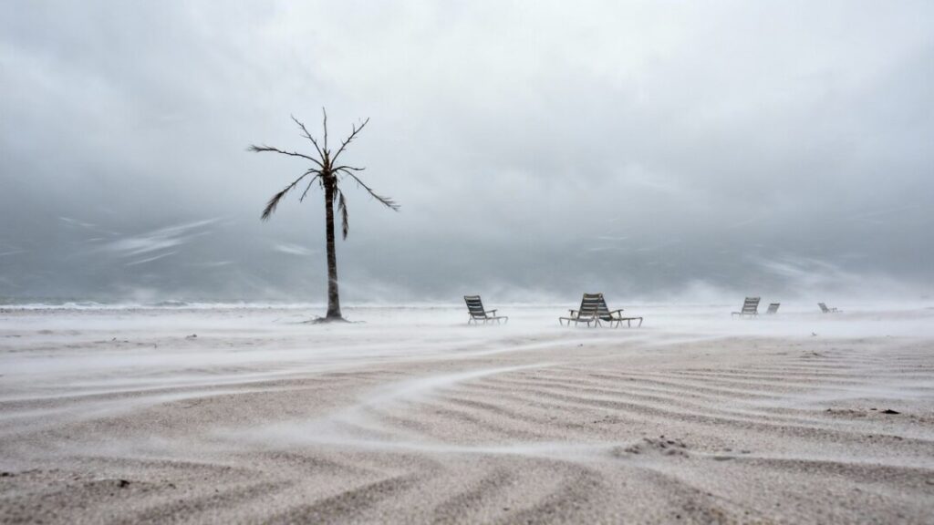 Empty Florida beach with bare palm tree under gray sky.