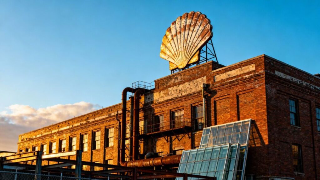 Historic shell factory building with shell sign on roof.