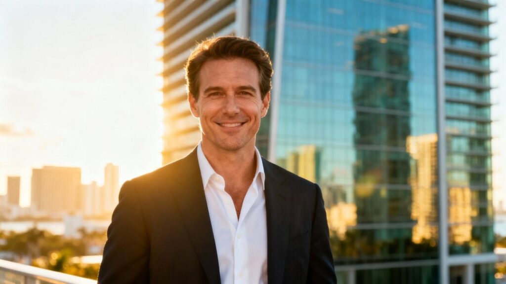 [John Aaron] in front of Miami skyscraper, successful real estate.