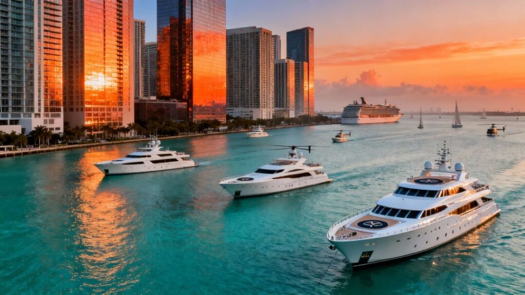 Miami skyline and bay with luxury yachts at sunset.