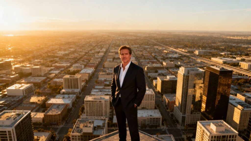 [John Aaron] overlooking a vast cityscape, symbolizing real estate success.