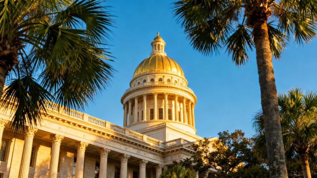 Florida Capitol building with palm trees.