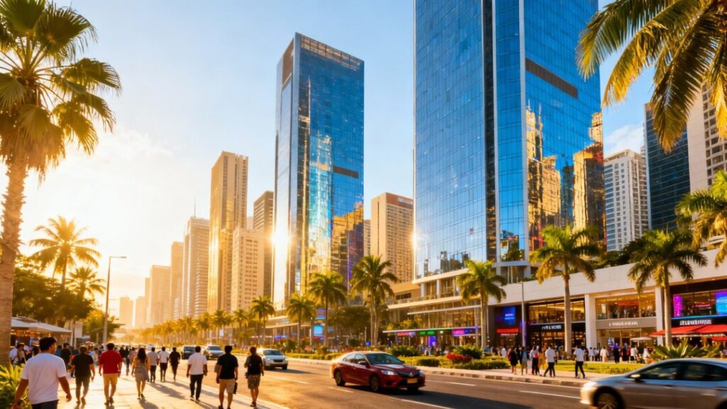 Florida cityscape with skyscrapers and bustling street activity.