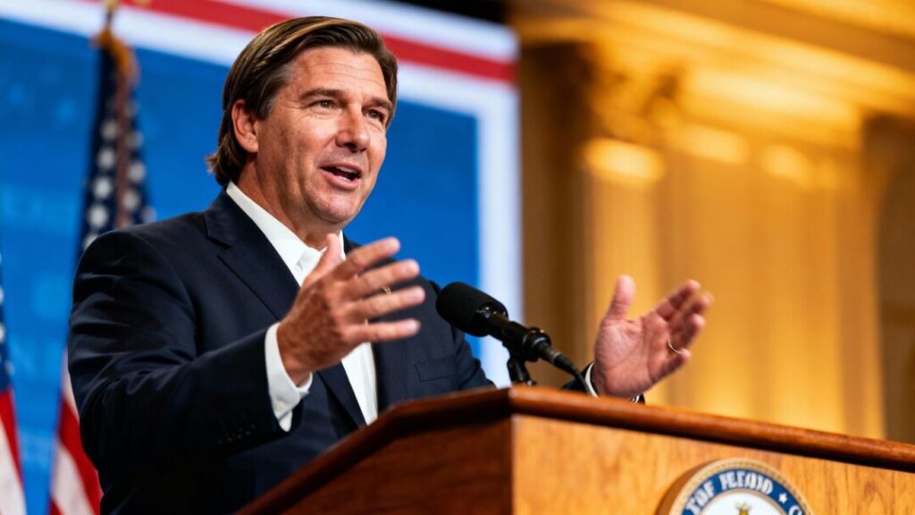 [Ron DeSantis] speaking at a podium, addressing property taxes and driving.