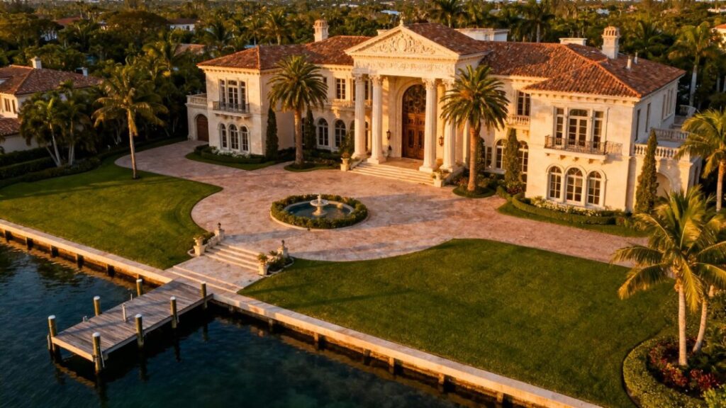 Opulent Florida estate with waterfront and manicured lawns.