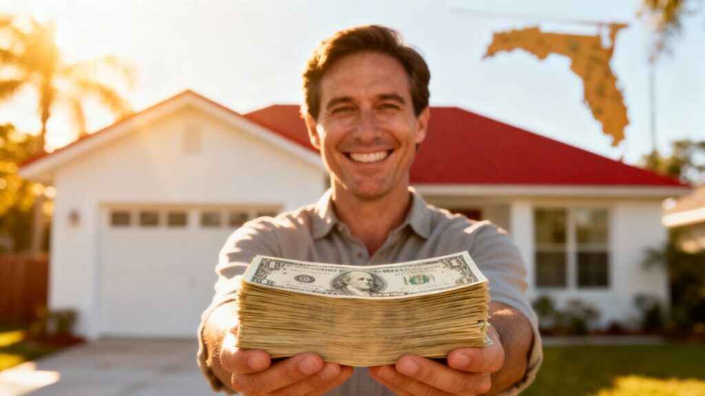 Florida homeowner holding money with house in background.