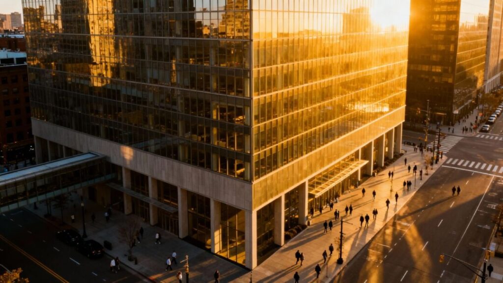 Skyscraper in a busy city with sunlight reflecting off glass.