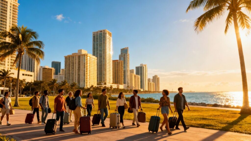 Miami skyline with people arriving, symbolizing investment and relocation.