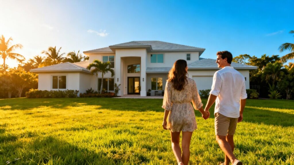 South Florida home with a couple walking towards it.